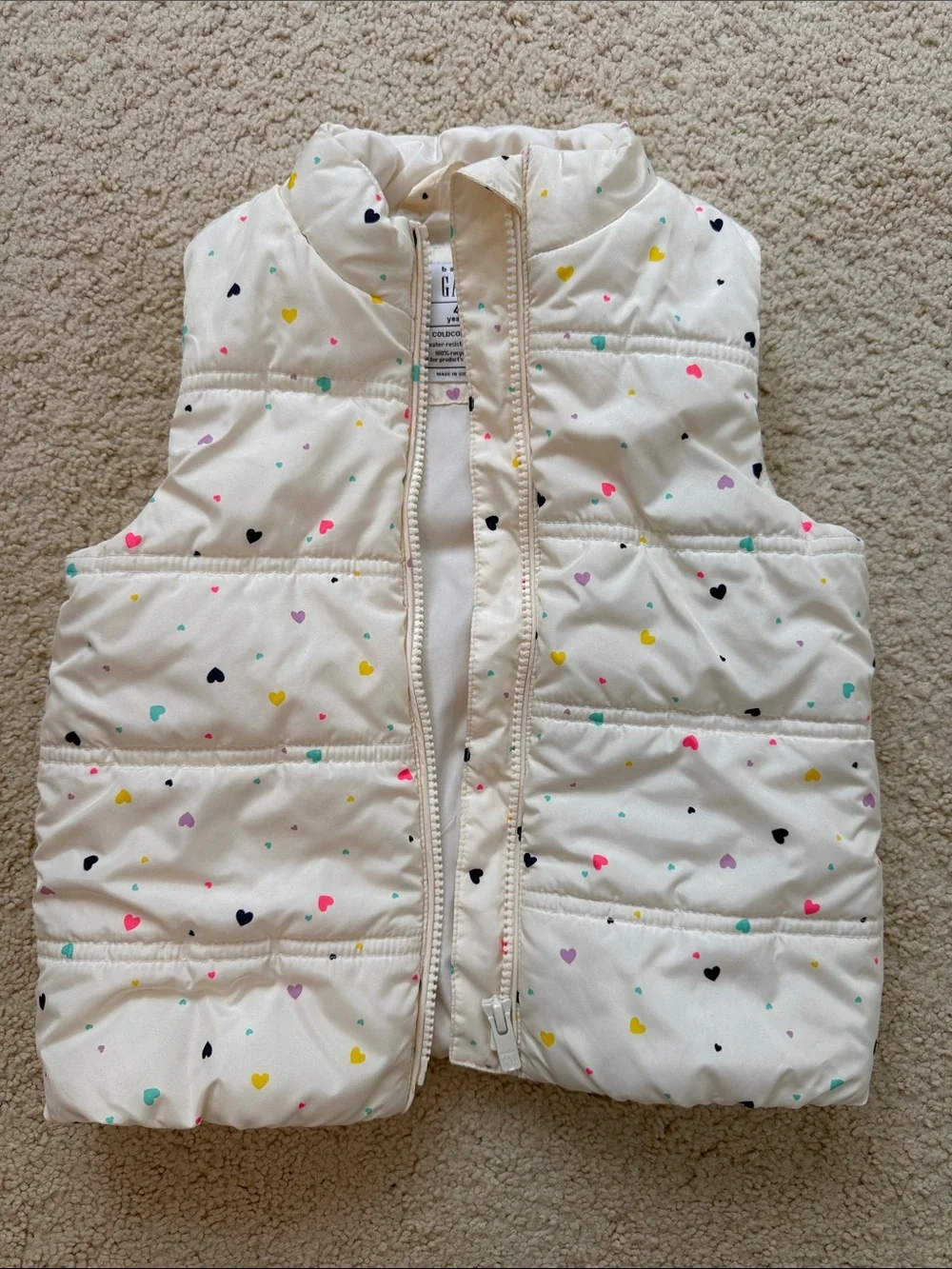 GAP Kids Cream Puffer Vest with Multicolor Heart Print